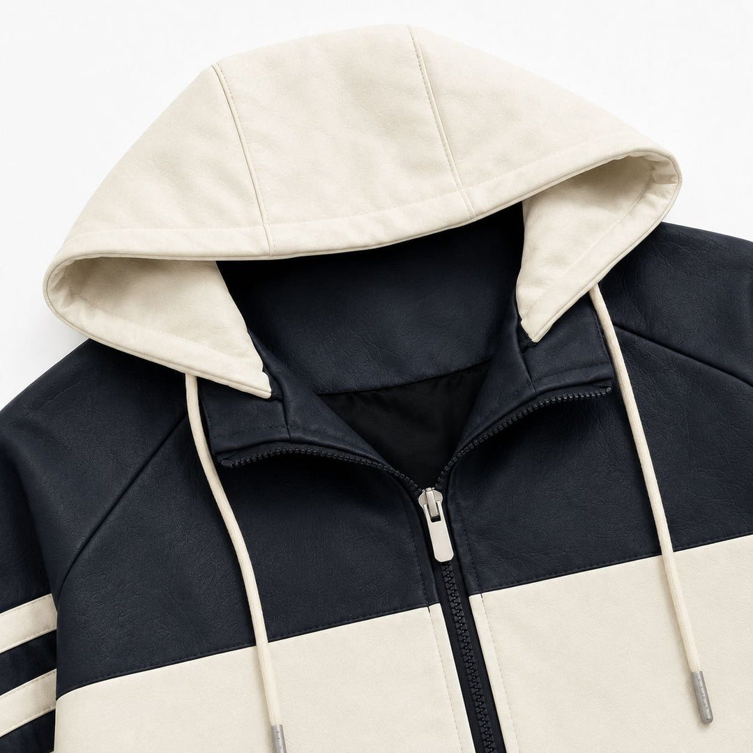 Herren Sportlicher Kapuzen‑Bomber mit Kunstlederoptik, Kontraststreifen und Reißverschluss Drune