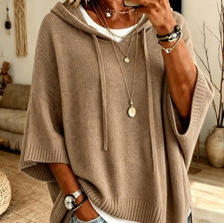 Damen nan Oversize Strickponcho mit Kapuze und kurzen Ärmeln Drune