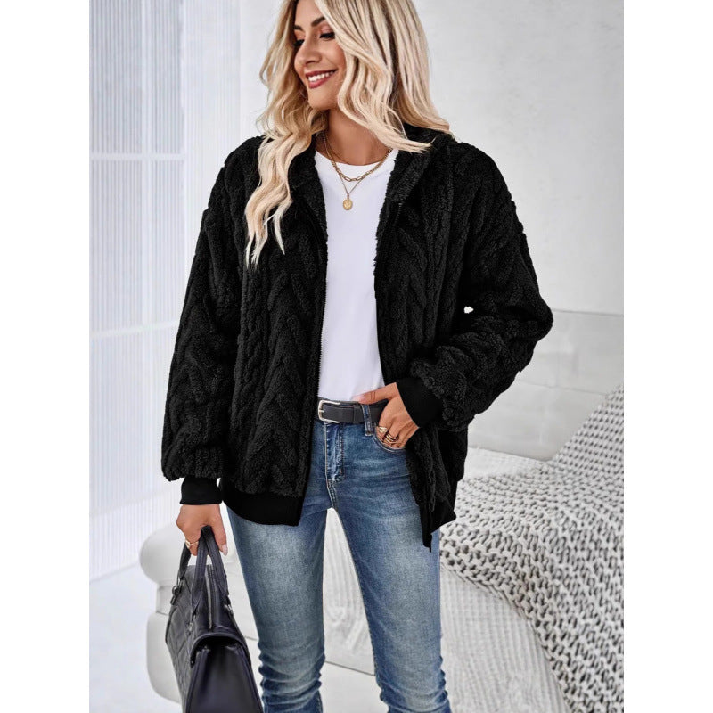 Damen Kuschelige Fleecejacke mit hochschließendem Kragen und Strickmuster Drune