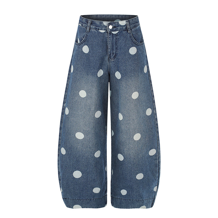 Damen Weite Jeans-Culotte im Palazzo-Stil mit hohem Bund und Punktmuster Drune