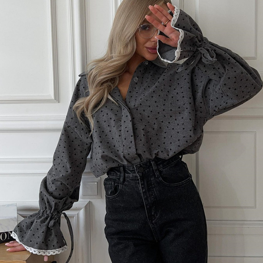 Damen Bluse mit Herzchenmuster und dekorativen Rüschendetails Drune