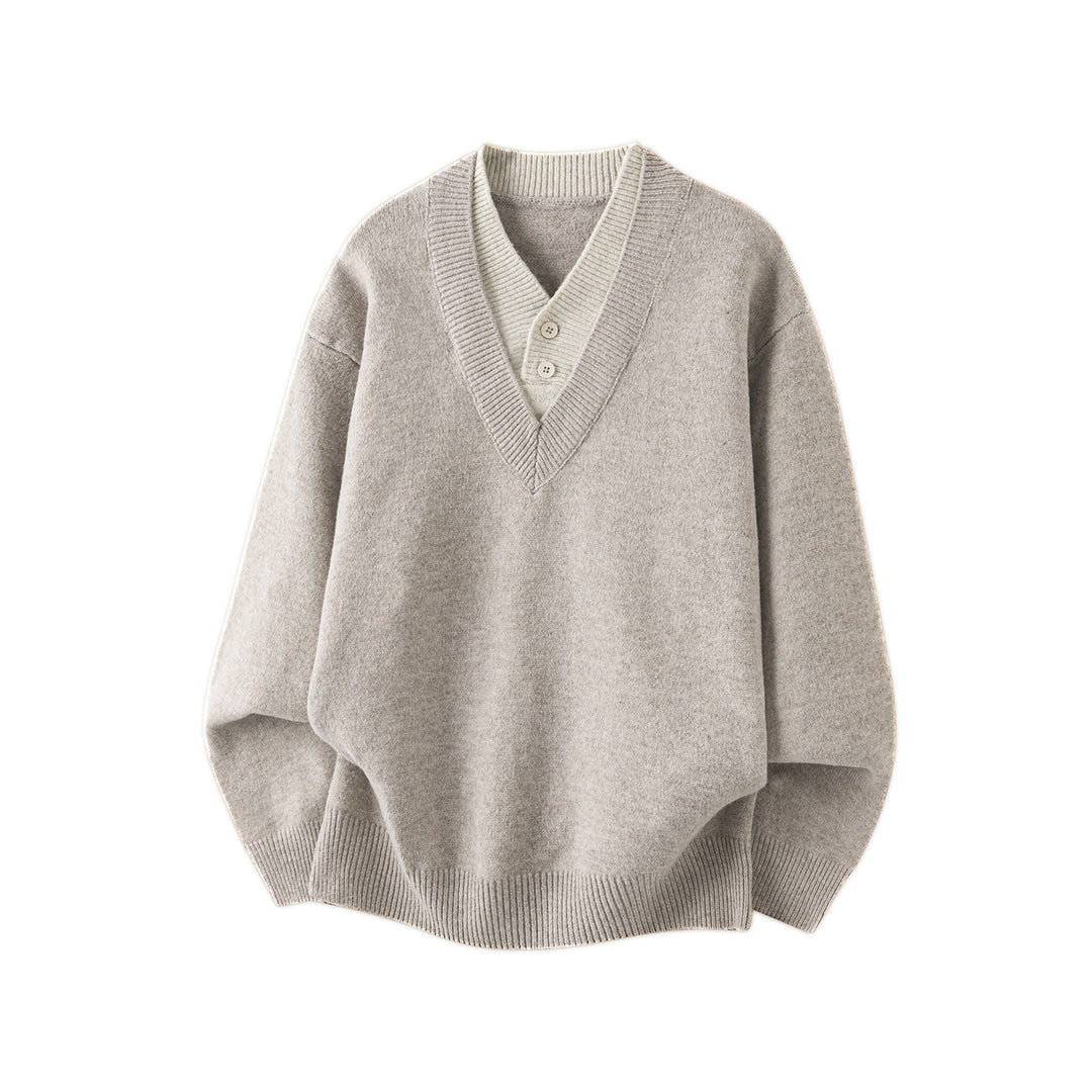 Damen Oversize Strickpullover mit tiefem V-Ausschnitt und eingesetzter Henley‑Blende Drune