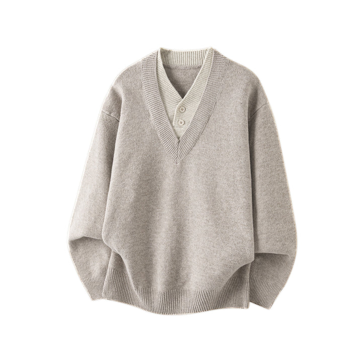 Damen Oversize Strickpullover mit tiefem V-Ausschnitt und eingesetzter Henley‑Blende Drune