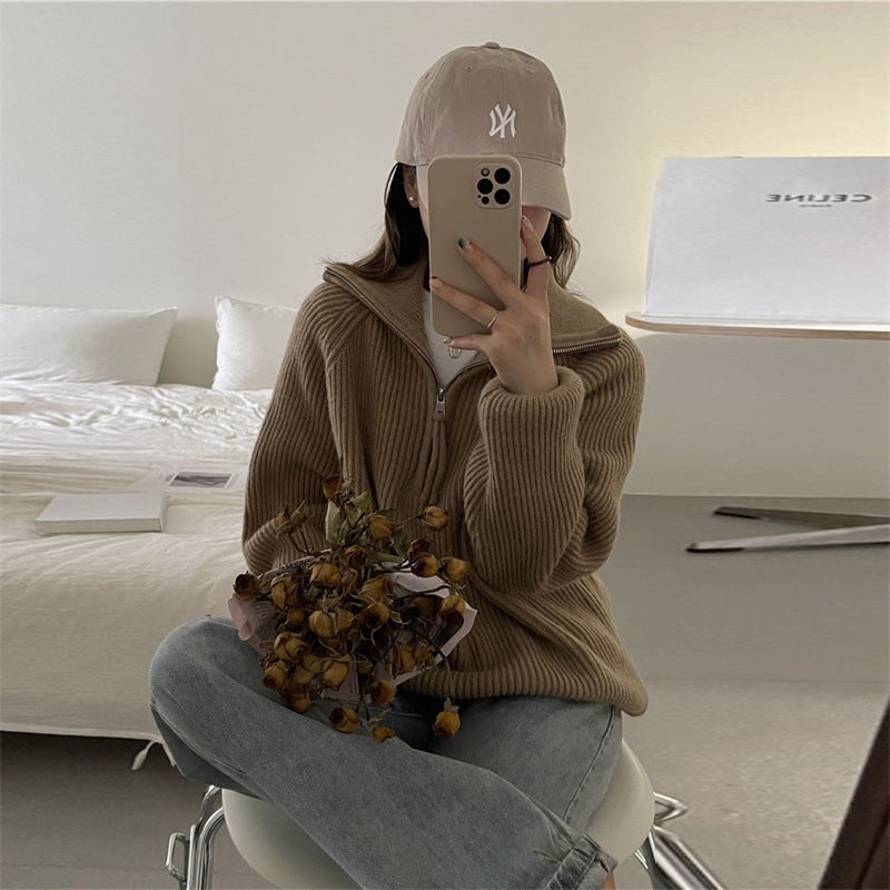 Damen Grobstrickpullover mit Reißverschluss und hohem Kragen Drune