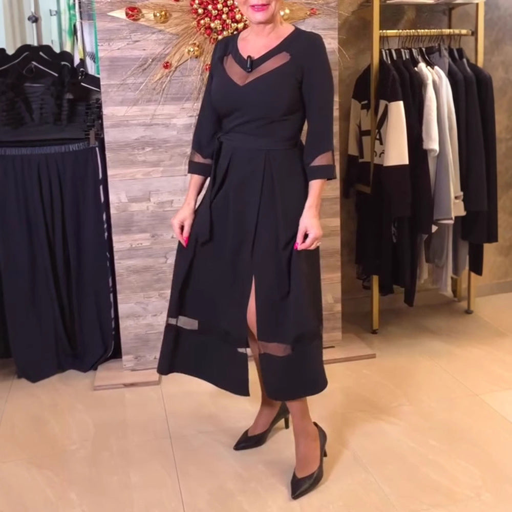 Damen nan tailliertes Midikleid mit transparenten Mesh‑Einsätzen, Bindegürtel und feminine A‑Linien Drune