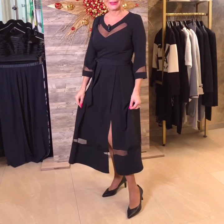 Damen nan tailliertes Midikleid mit transparenten Mesh‑Einsätzen, Bindegürtel und feminine A‑Linien Drune