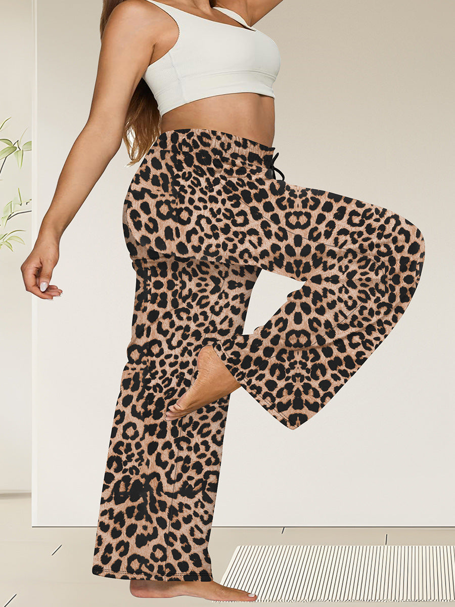 Damen Weite High-Waist Yogahose mit Leopardenmuster und Kordelzug Drune