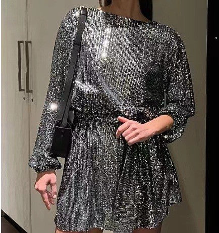 Damen Glamouröses Cocktailkleid mit funkelnden Lurex-Fäden und elastischem Taillengürtel Drune