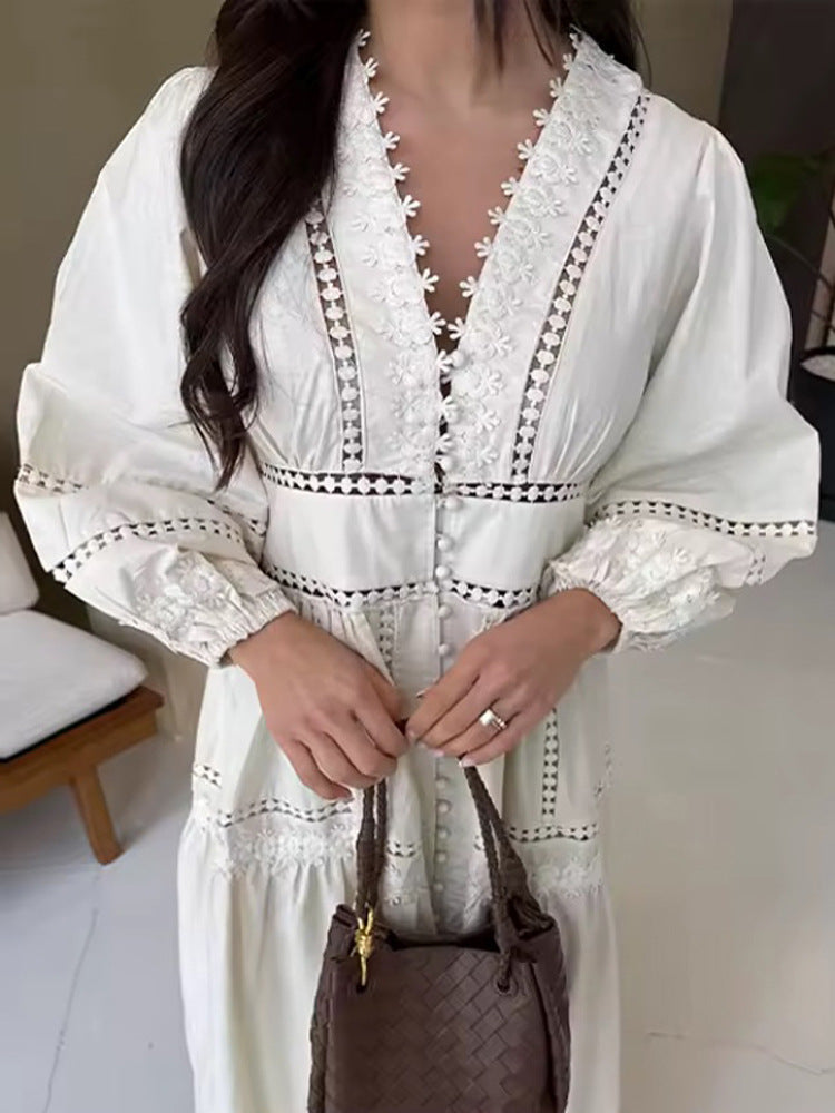 Damen Maxikleid im Boho‑Stil mit Spitzeneinsätzen, Knopfleiste und Ballonärmeln Drune