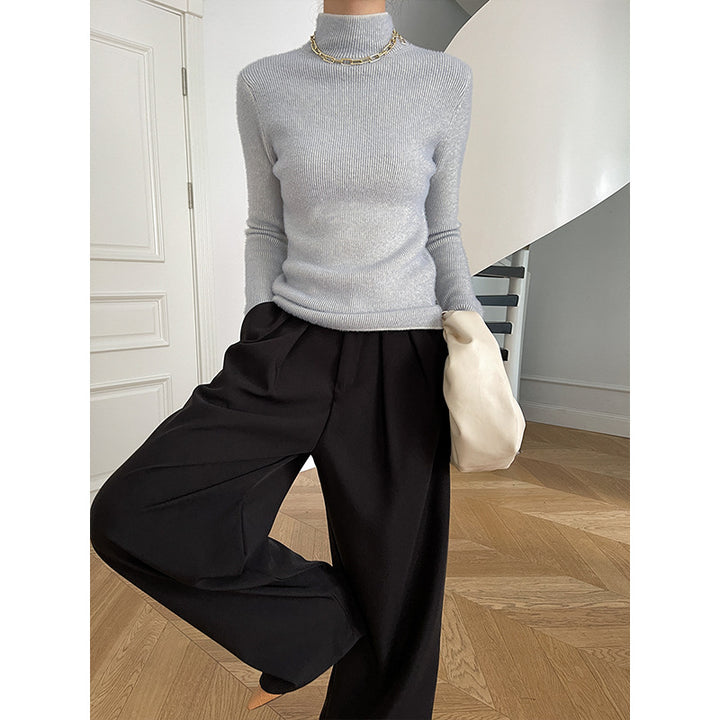 Damen eleganter Rippstrickpullover mit hohem Kragen und tailliertem Schnitt Drune