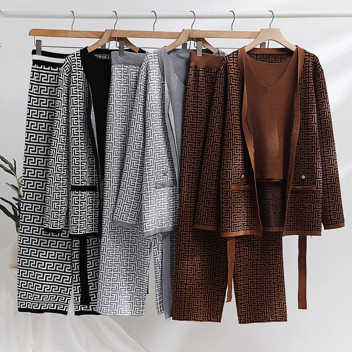 Damen modisches und luxuriöses Loungewear-Set mit elegantem Muster und praktischen Taschen Drune