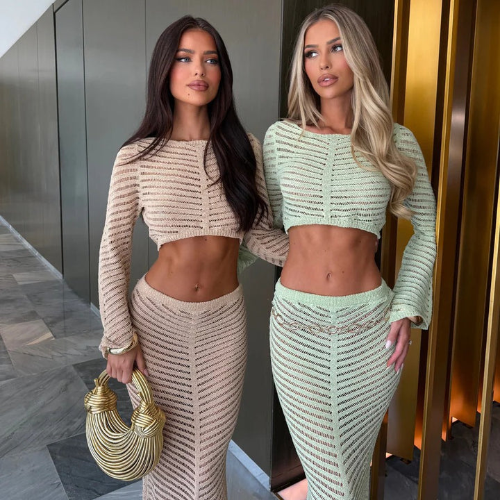 Damen elegantes gehäkeltes Set mit langärmligem Crop-Top und figurbetonendem Rock Drune