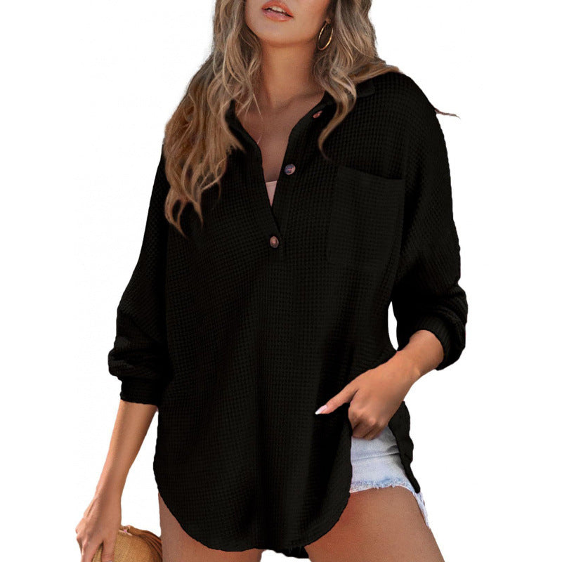 Damen lässiges Waffle-Shirt mit Stehkragen und Knopfleiste Drune
