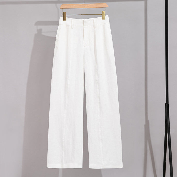 Damen Hochtaillierte Leinenhose mit weitem Bein, Bügelfalte und Gürtelschlaufen Drune