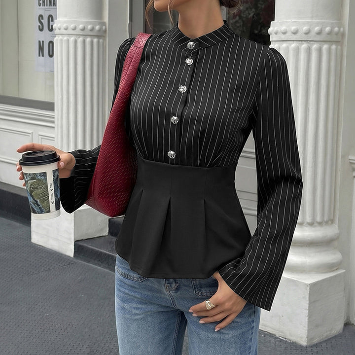 Damen Modische Bluse mit Stehkragen und Plisseedetail Drune