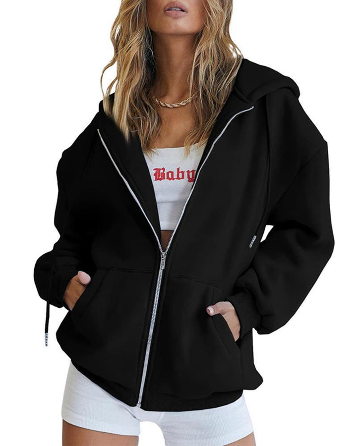 Damen nan Oversize-Kapuzenjacke mit durchgehendem Reißverschluss French-Terry, Kängurutaschen und elastischen Bündchen Drune