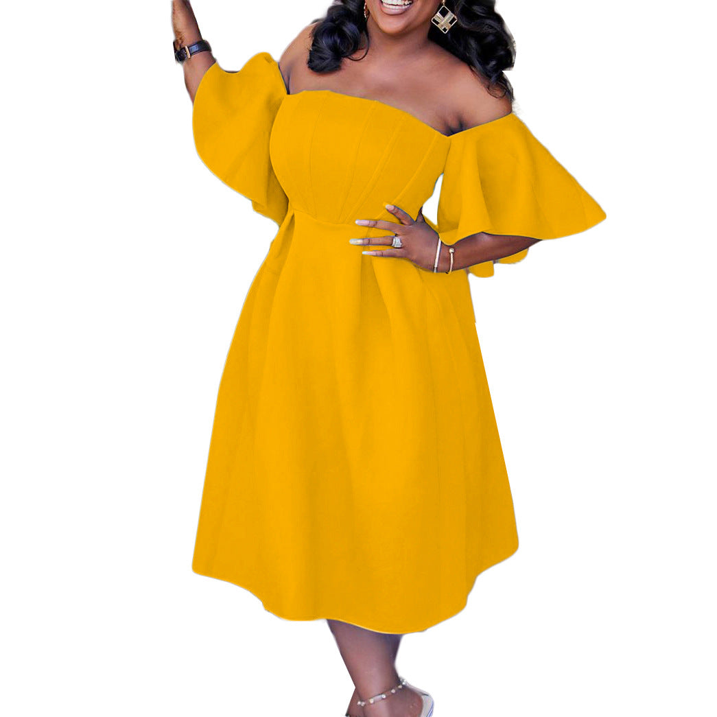Damen A-Linie Kleid mit schulterfreien Puffärmeln und Taillierung Drune