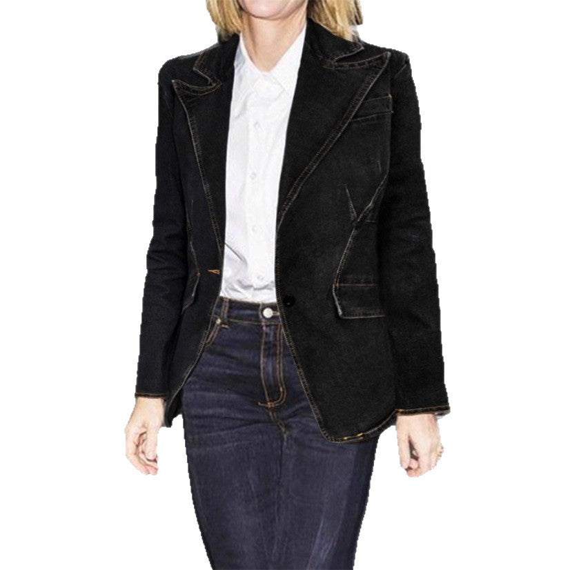 Damen taillierte Denim-Blazerjacke mit Reverskragen und kontrastierender Steppung Drune