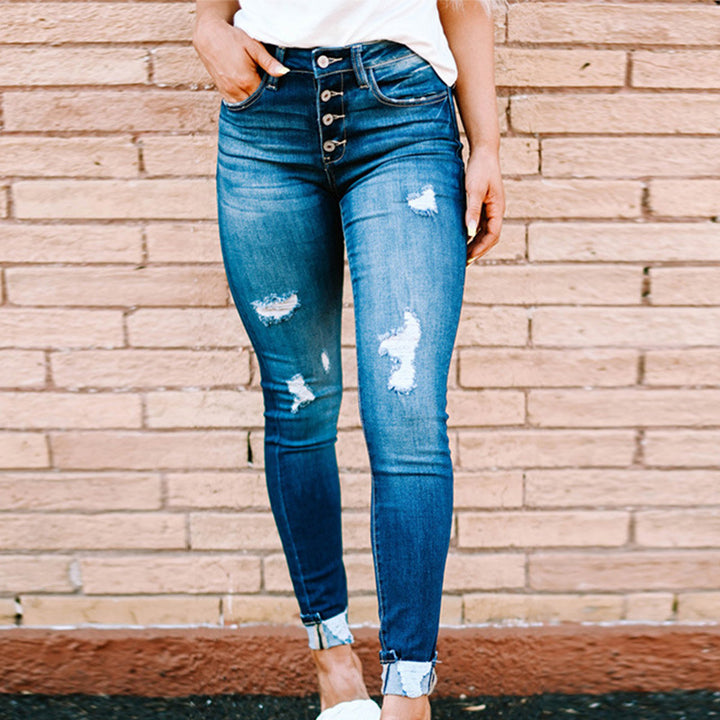 Damen hochtaillierte Skinny Jeans mit ausgefranstem Saum Drune