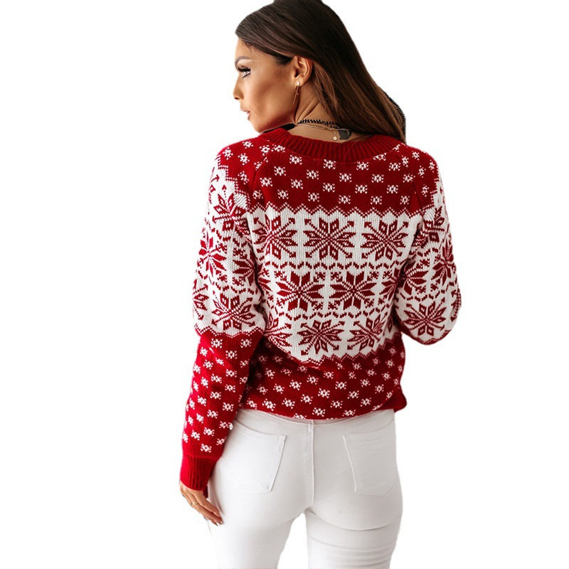 Damen Strickpullover mit festlichem Schneemuster und Rundhalsausschnitt Drune