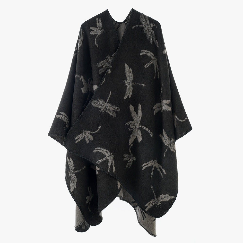 Damen Reversibler Cape-Poncho mit Libellen-Jacquard und feinem Saum Drune