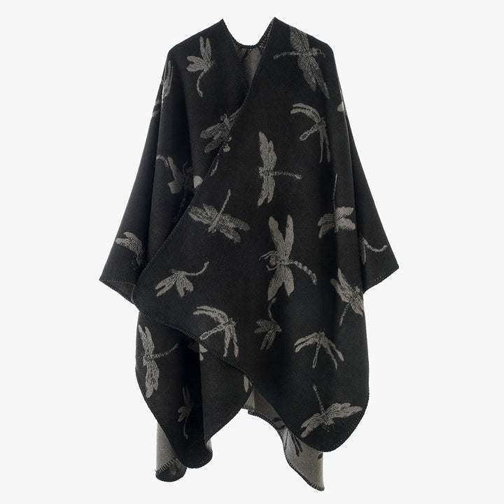 Damen Reversibler Cape-Poncho mit Libellen-Jacquard und feinem Saum Drune