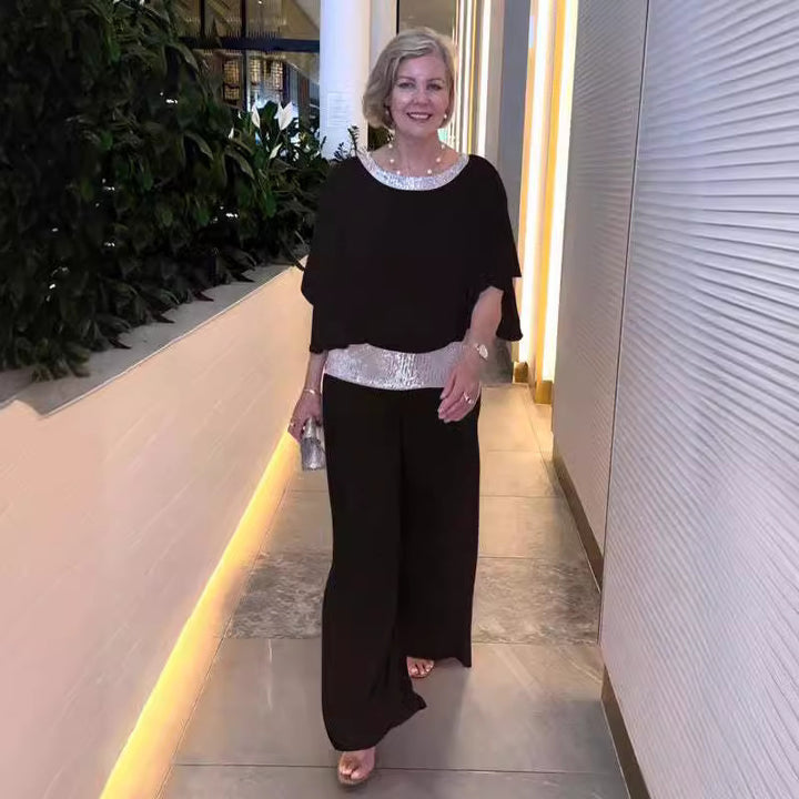 Damen Elegantes Abendzweiteiler mit Chiffon-Cape und Palazzo‑Hose Drune
