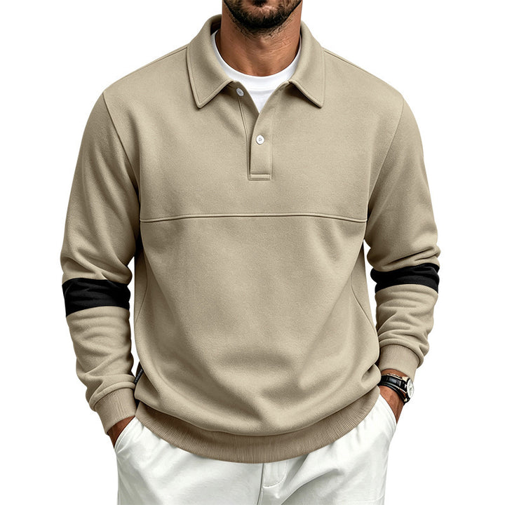 Herren Langärmeliges Poloshirt-Sweatshirt mit verdeckter Knopfleiste, Brustnaht und Kontraststreifen Drune