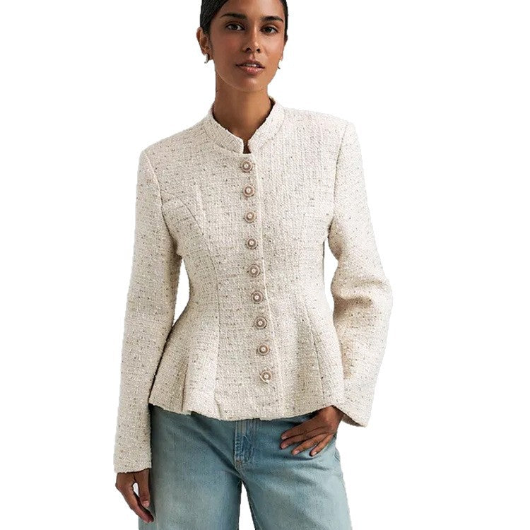 Damen Bouclé-Blazer mit Stehkragen und taillierter Schößchen-Silhouette Drune