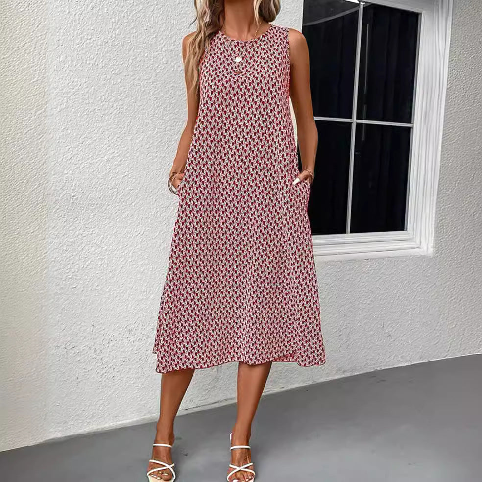 Damen nan ärmelloses Sommer-Midikleid in A-Linie mit Rundhalsausschnitt, seitlichem Beinschlitz und legerem Fall Drune