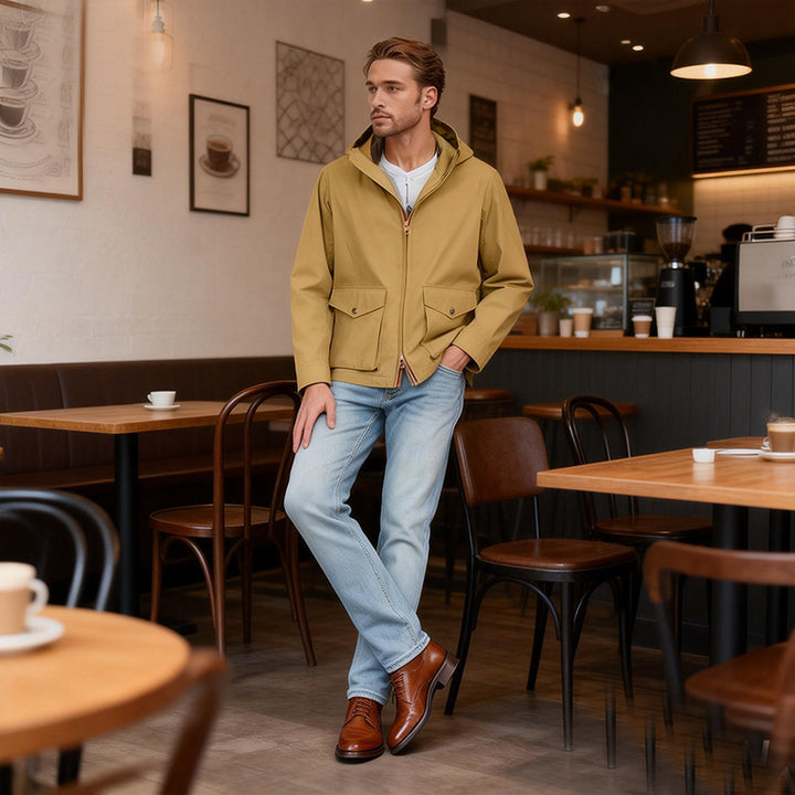 Herren Leichte Kapuzenjacke im urbanen Minimalstil mit Zwei-Wege-Reißverschluss und Pattentaschen Drune