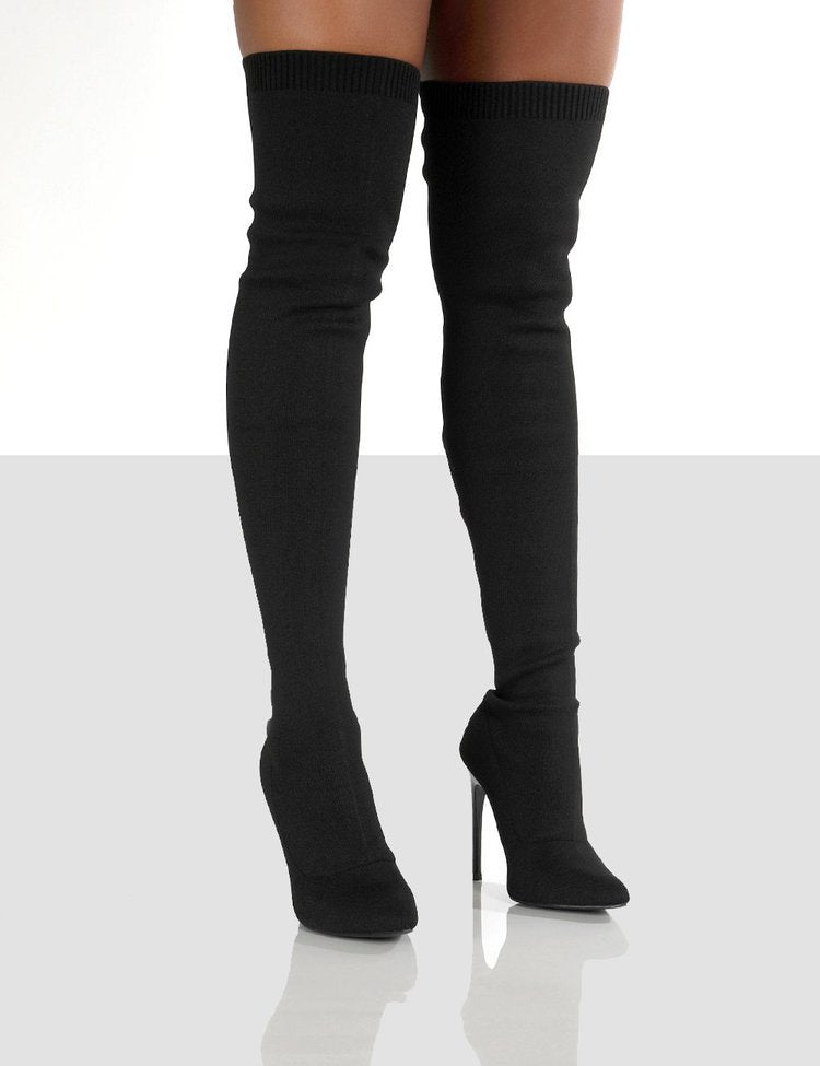 Damen Overknee Stiefel mit elegantem spitzem Absatz und modischem Strickdesign Drune