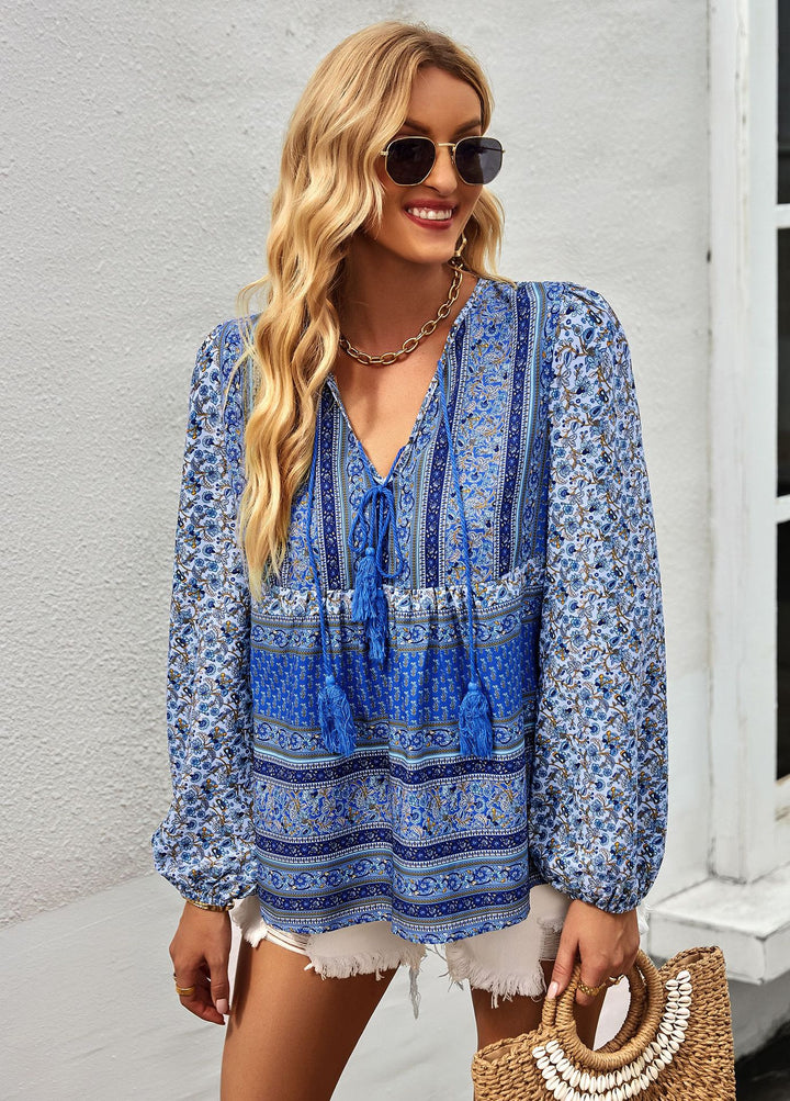Damen nan lockere Boho-Tunika-Bluse mit V-Ausschnitt, Quasten-Tie und gerafften Ballonärmeln Drune