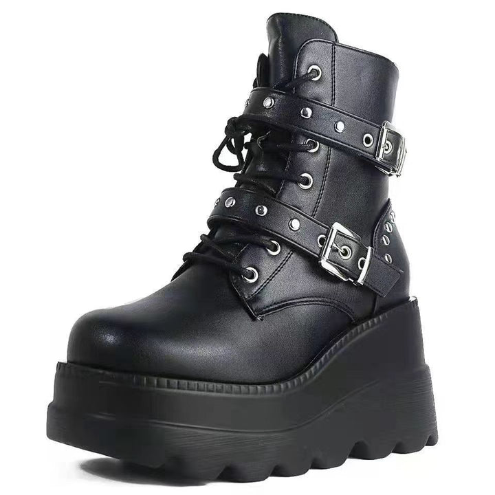 Damen Kurzschaft-Plateau-Stiefelette mit dicker Profilsohle, Schnürung und Zierschnallen Drune