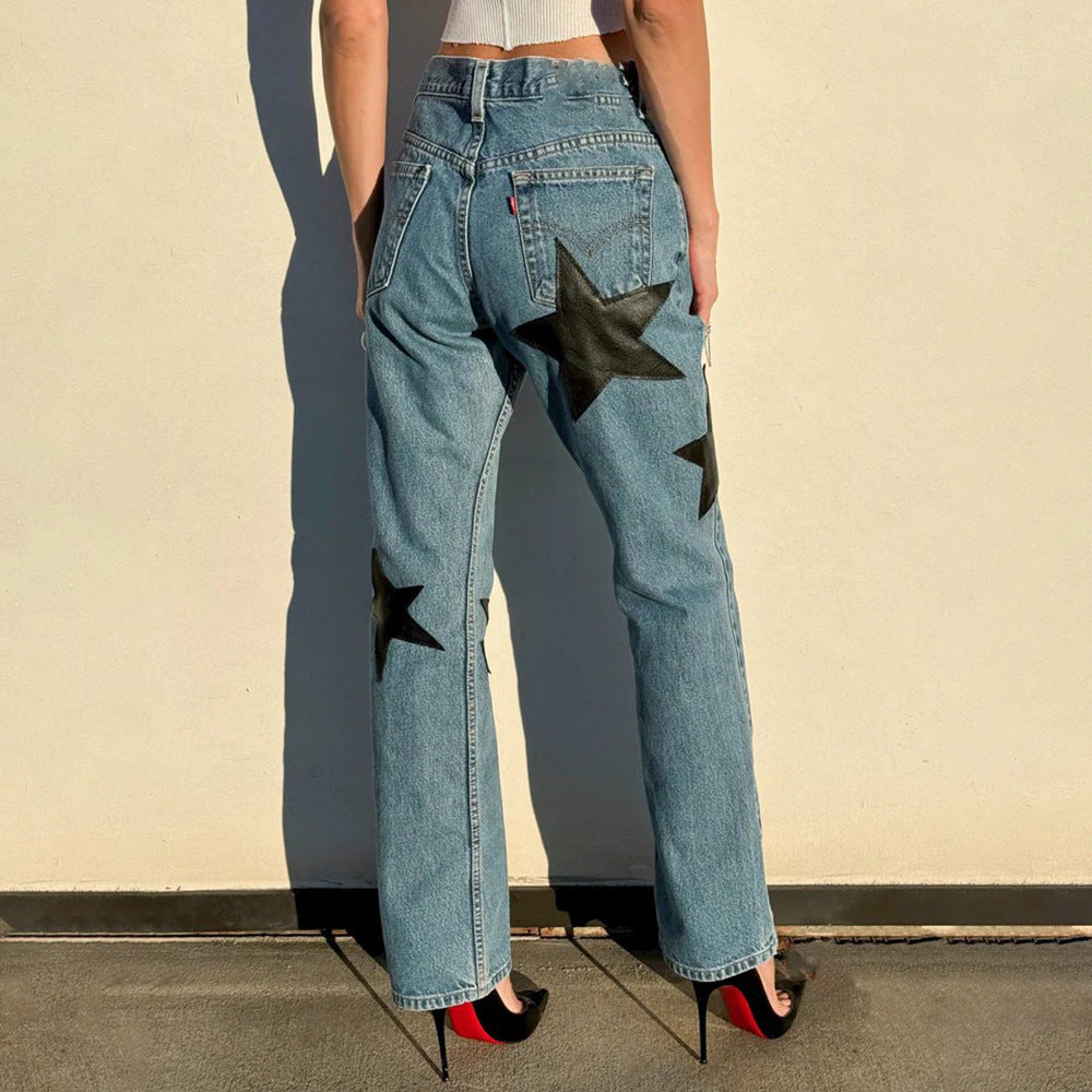 Damen Modische Jeans mit auffälligen Sternenapplikationen Drune