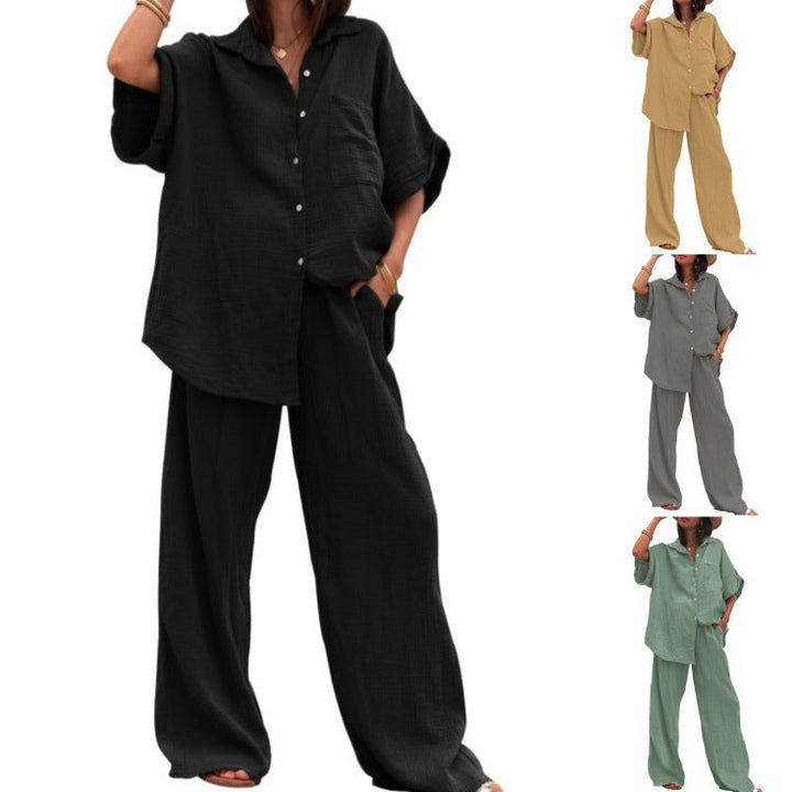 Damen luftiges Oversize-Hemd und weite Hose Set Drune