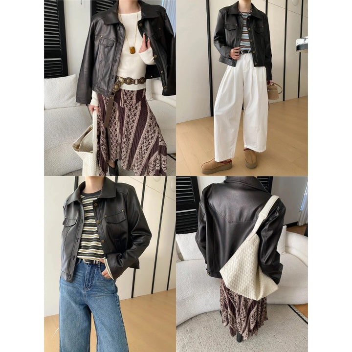 Damen Kunstlederjacke im Biker-Stil mit doppeltem Kragen und praktischen Taschen Drune