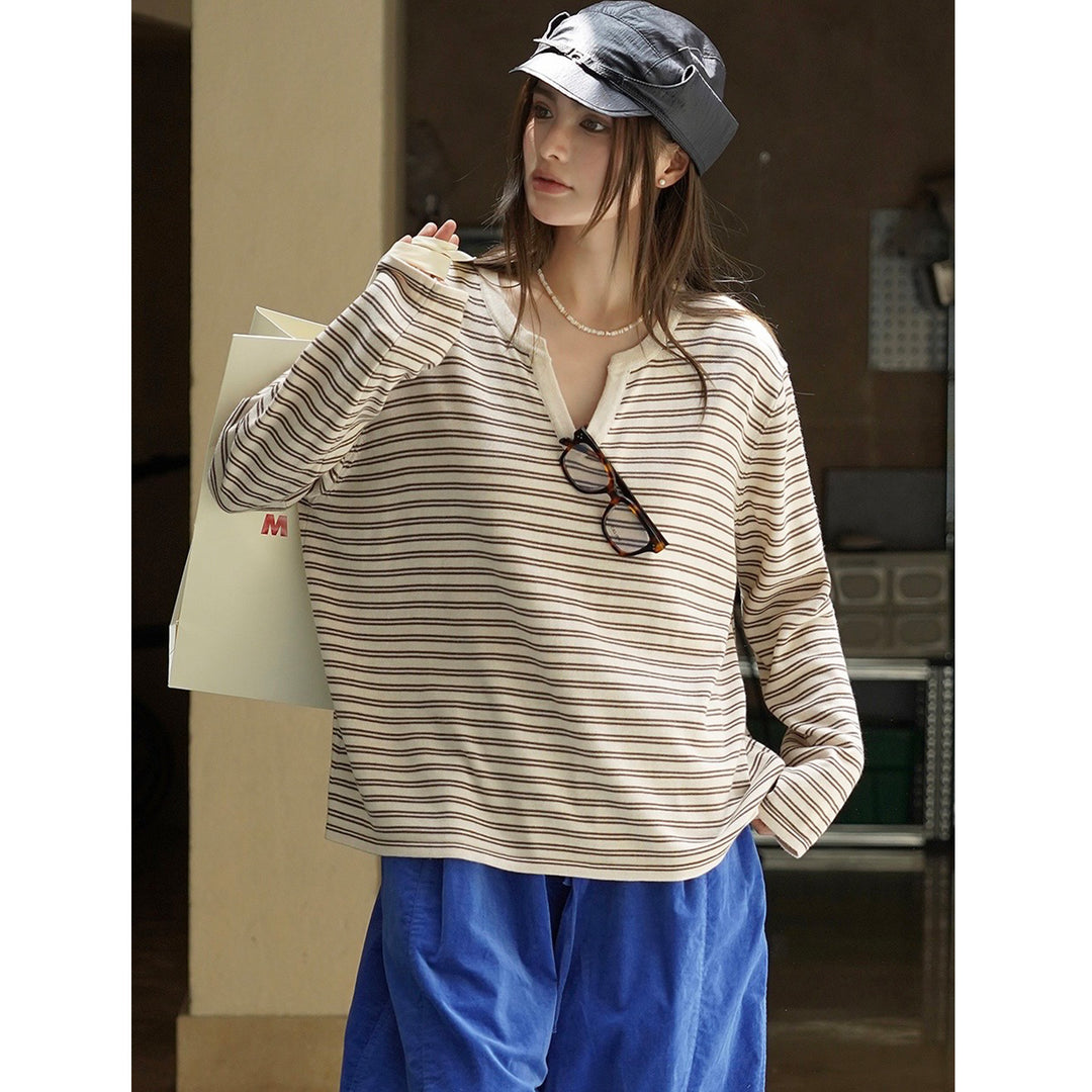Damen Gestreiftes Oversize-Langarmshirt mit V-Ausschnitt und lässiger Silhouette Drune