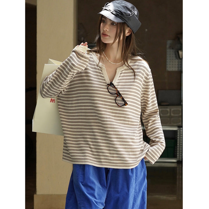 Damen Gestreiftes Oversize-Langarmshirt mit V-Ausschnitt und lässiger Silhouette Drune