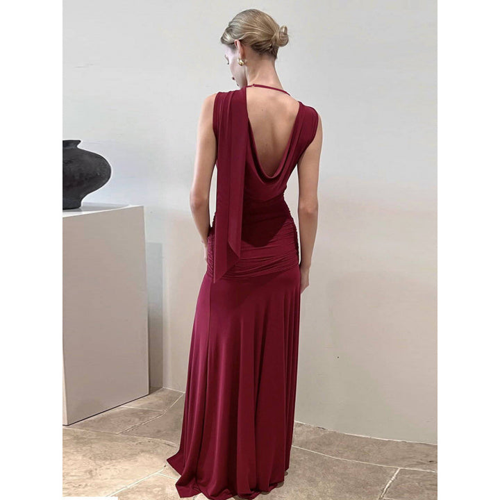 Damen schulterfreies Wickelmaxikleid mit drapiertem Oberteil und seitlichem Bindegürtel Drune