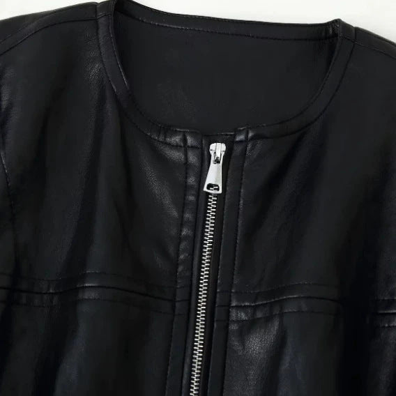 Damen Oversize Cropped Kunstleder‑Bomberjacke mit Rundhalsausschnitt und elastischem Saum Drune