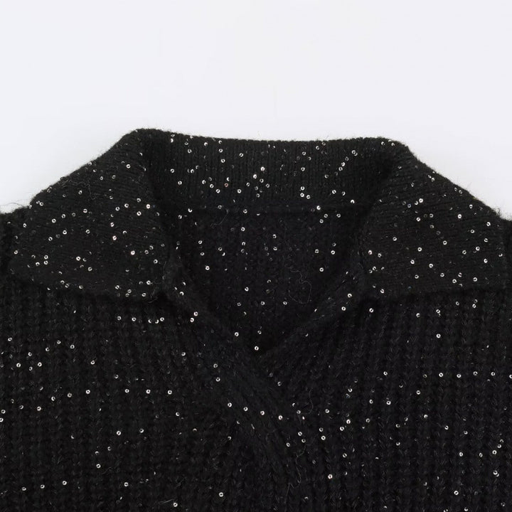 Damen Glitzernder Oversize Strickpullover mit Reverskragen und Paillettenbesatz Drune