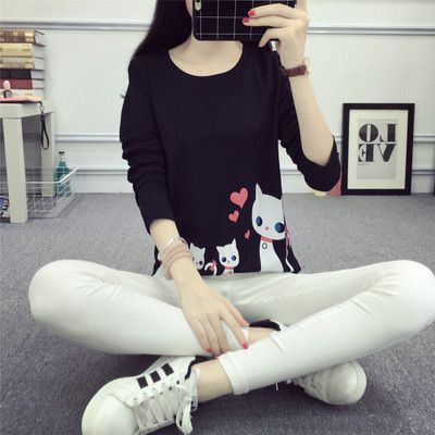 Damen Langarm-T-Shirt mit kreativem Katzenmotiv Drune