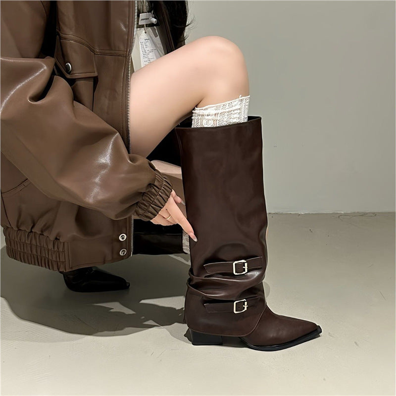 Damen Slouch-Kniehohe Stiefel mit spitzer Zehenform, dekorativen Schnallen und sculpted Blockabsatz Drune
