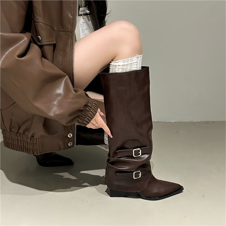 Damen Slouch-Kniehohe Stiefel mit spitzer Zehenform, dekorativen Schnallen und sculpted Blockabsatz Drune