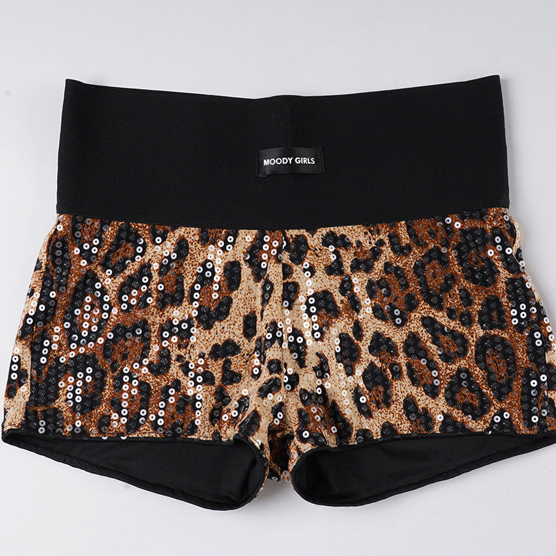 Damen Pailletten-Minikleid mit Leopardenmuster und verstellbaren Spaghettiträgern Drune