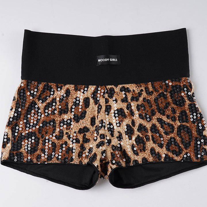 Damen Pailletten-Minikleid mit Leopardenmuster und verstellbaren Spaghettiträgern Drune