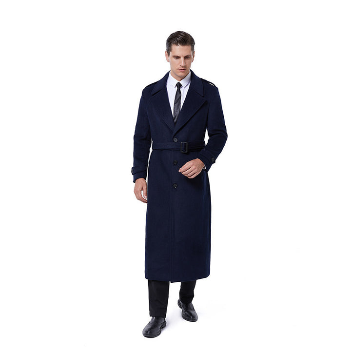 Herren Maxilanger Mantel aus Wollmix mit Bindegürtel, Epauletten und klassischem Revers Drune