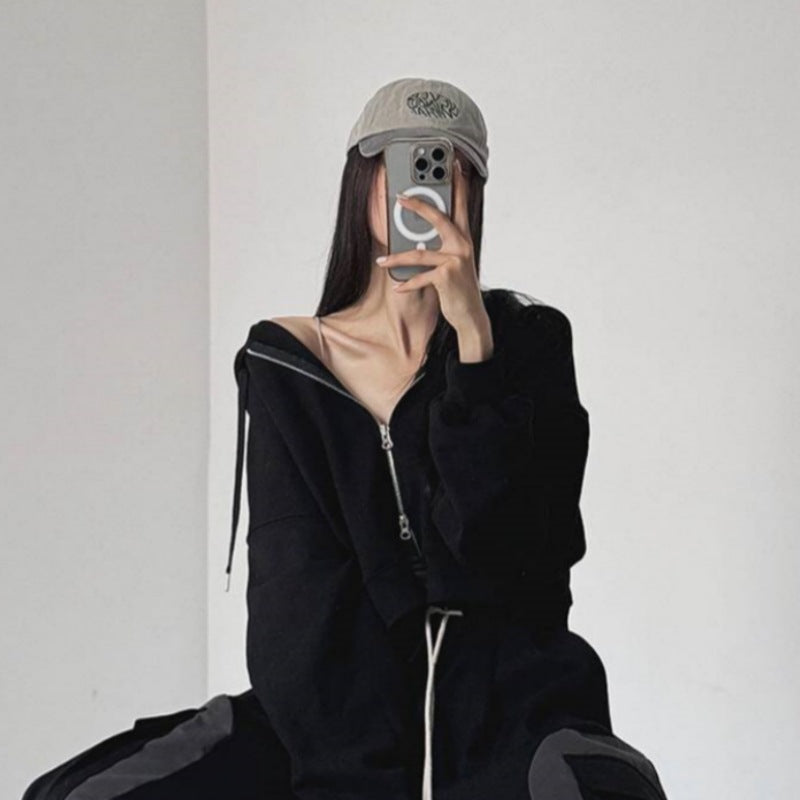 Damen cropped Kapuzenjacke mit Reißverschluss und elastischen Bündchen Drune