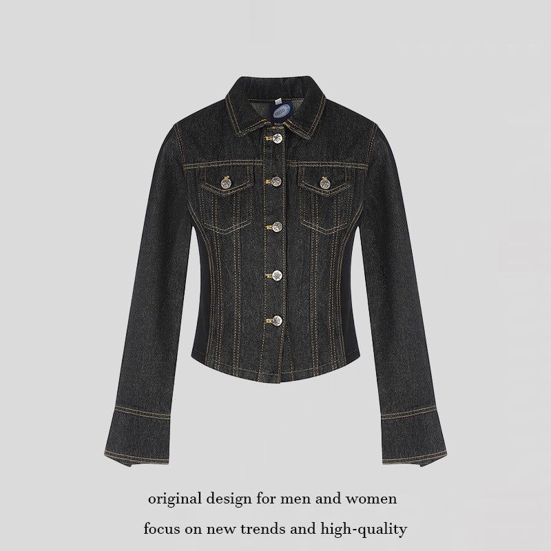 Damen taillierte Cropped-Jeansjacke mit Formnähten, Brustpatten und Schmuckknöpfen Drune